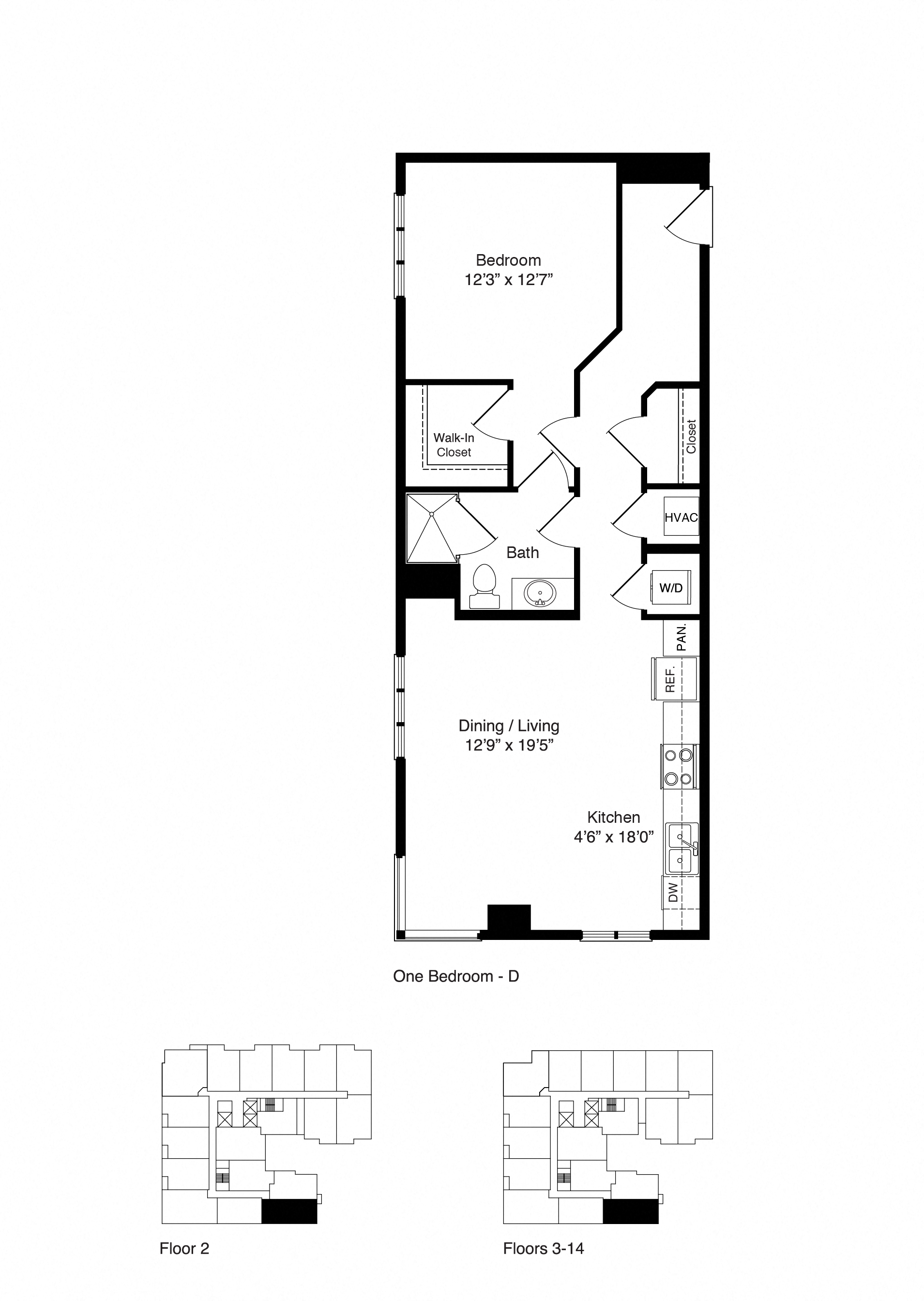Floor plan for 1 bed, 1 bath, 813 sqft